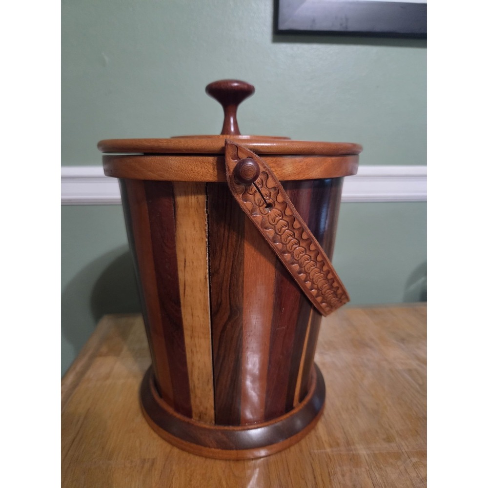 Hand Carved Wooden Ice Bucket With Leather Strap Honduras
